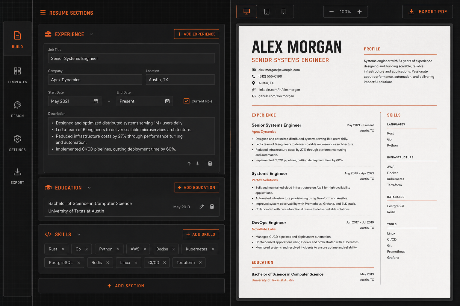 Rustume editor with live PDF preview